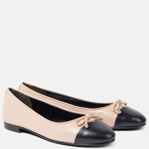 New Tory Burch Embellished Rose Pink/Perfect Black Leather Cap Toe Ballet Flats - Picture 1 of 12